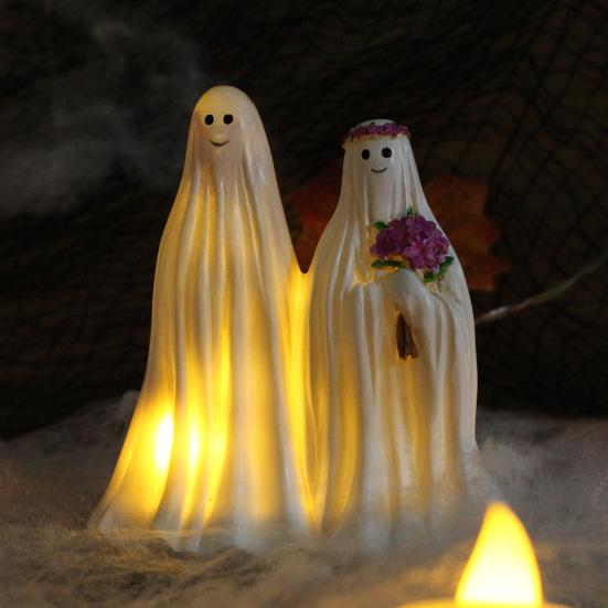 Halloween Glowing Ghost Bride Groom Statue Soft Warm Glow Spooky Outdoor Indoor Night Light Holiday Party Decoration