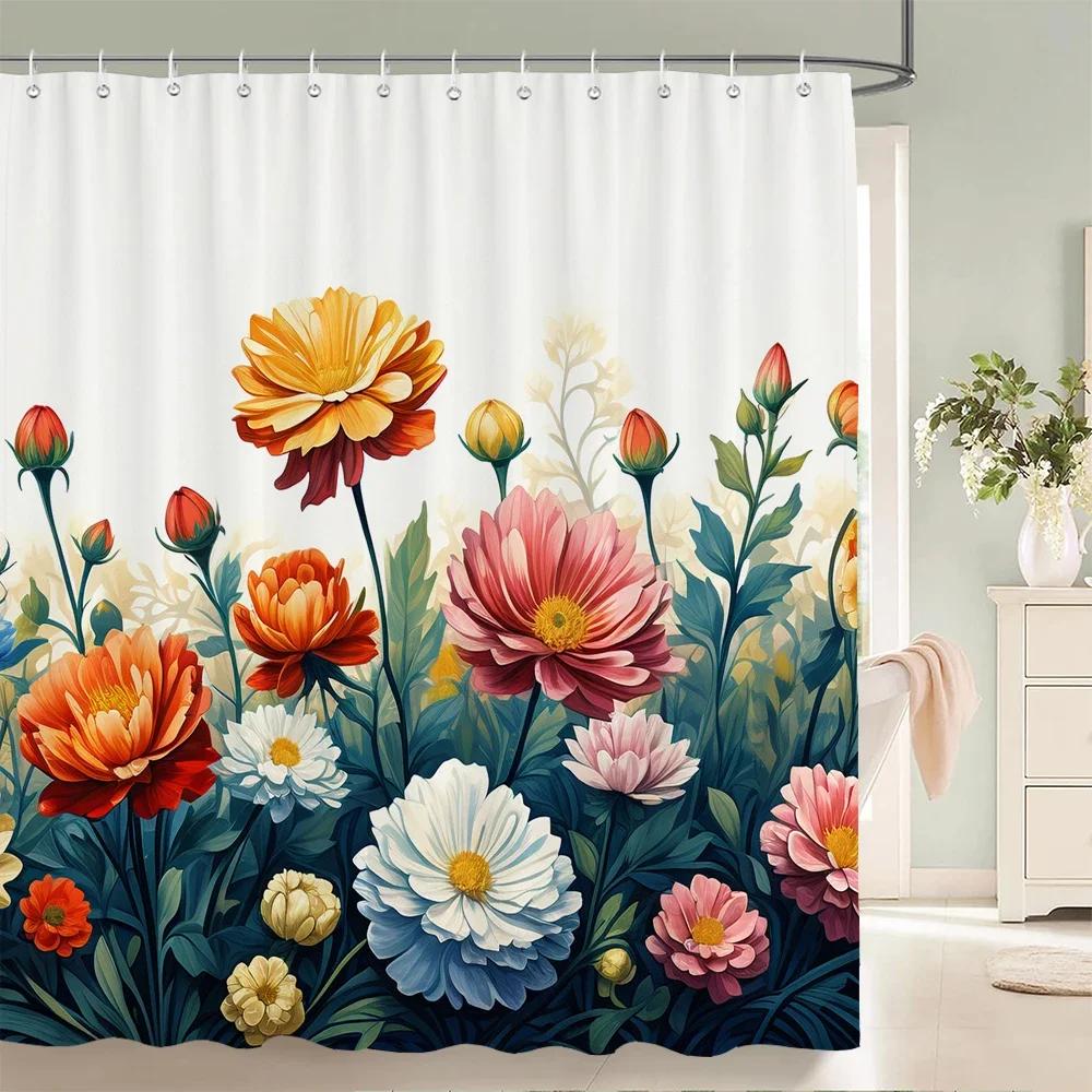 Beautiful Flowers Shower Curtain,Watercolor Leaves On The Top Plant With Floral Bathroom Decor Shower Curtain Set With Hooks
