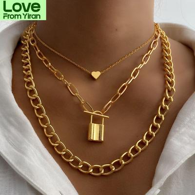 Kadınlar İçin Moda Büyük Kolye Bükümlü Altın Gümüş Rengi Kalın Kalın Kalp Kilitli Choker Zincir Kolyeler Parti Takıları