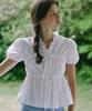 NONLOCAL Ribbon Shirring Puff Sleeve Blouse - White