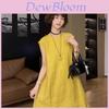 Summer Slimming Vintage Cotton Linen Dress With Round Neck For Casual And Travel Wear