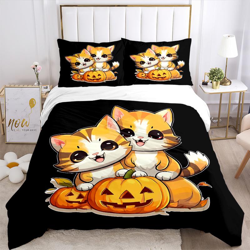 3pcs Two Kittens & Halloween Pumpkin Printed Bedding Set, Soft and Comfortable Quilt Cover for Bedroom, Guest Room (1 Duvet Cover + 2 Pillow