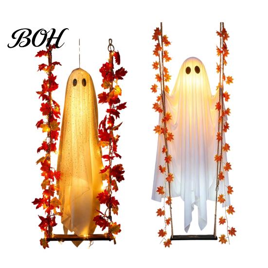 Realistický látkový duch se světlem, závěsná houpačka, Halloweenská dekorace s dálkovým ovládáním, Velký bílý strašidelný ornament na zahradu, Javorové listy