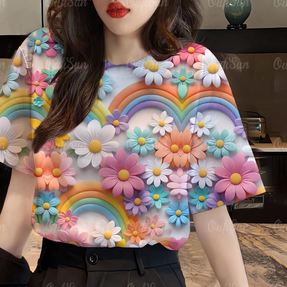Pink Beige Flower 3D Printed Women's Short Sleeved T-shirt Korean Clothing Short Sleeved Shirt