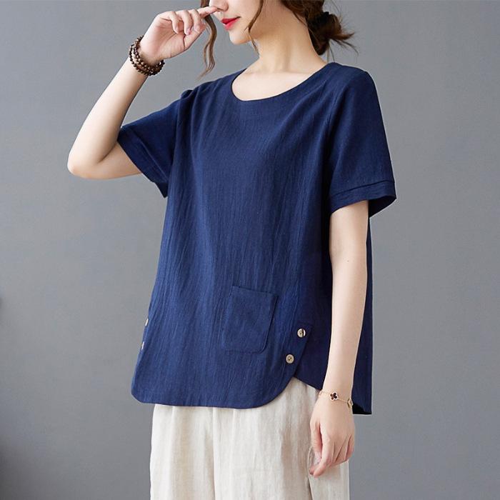 New Summertime Imitation Cotton and Linen Fat MM Large Size Informal Simple Retro Solid Color Loose Short-sleeved T-shirt for Women