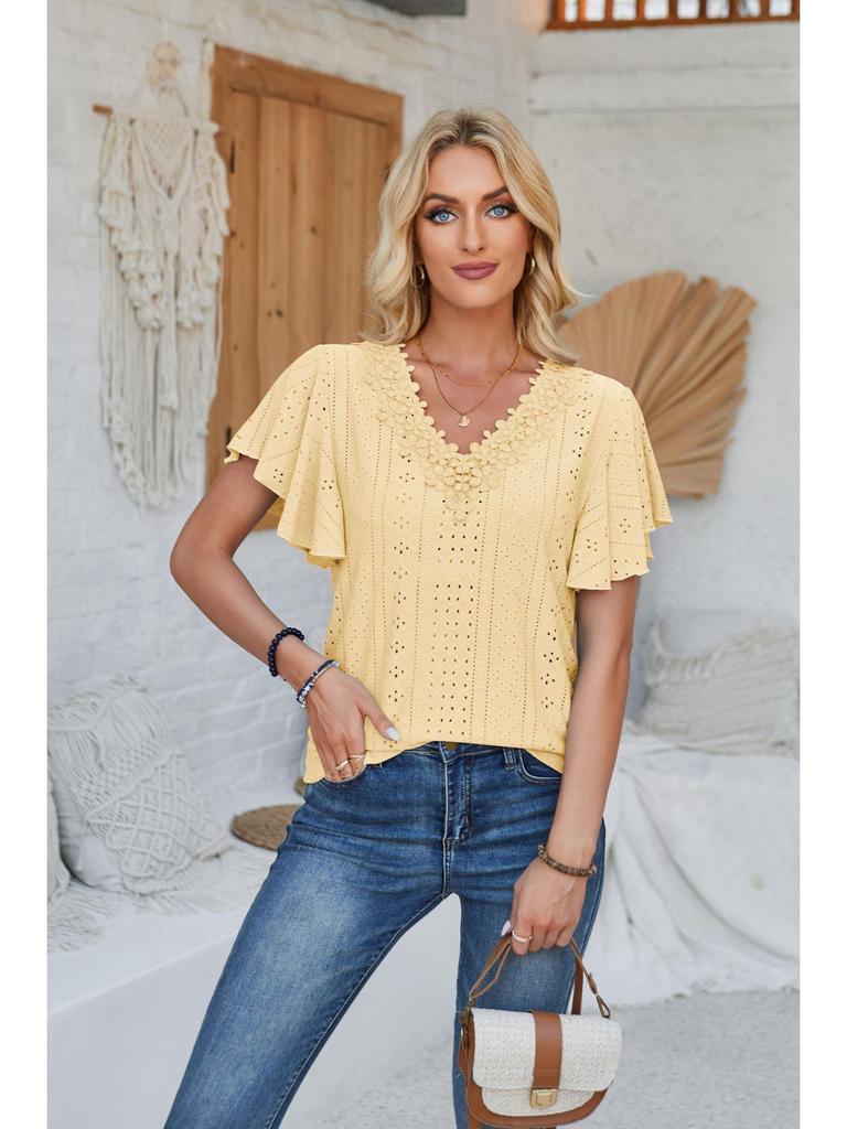 Spring/Summer Women's Lace V-Neck Ruffle Sleeve Loose T-Shirt