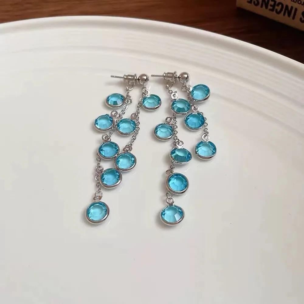 Exquisite Luxury Ice Lake Blue Crystal Tassel Pendant Dangle Earrings for Women Party Fashion Designer Jewelry Accessories Gifts
