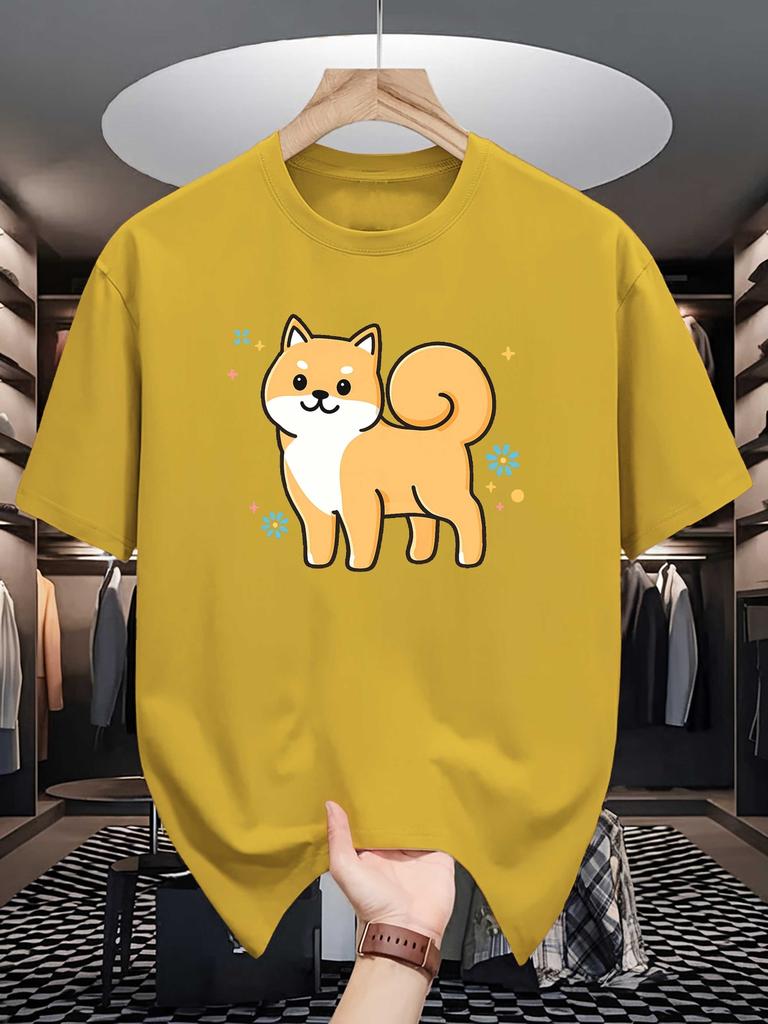 Unisex Black Tee Sweet Floral Cute Shiba Inu Puppy Cartoon Graphic Print Crew Neck Short Sleeve Summer Casual Male Cotton Street