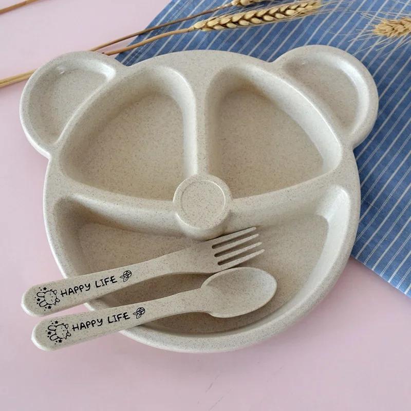Baby Bowl Spoon Fork Sets Feeding Tableware Cartoon Bear Kids Plates Baby Eating Dinnerware Set Anti-Heat Training Plates