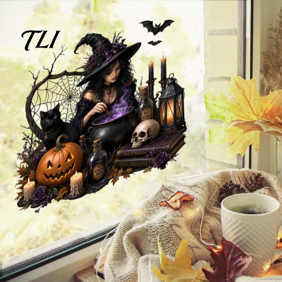 Static Cling Decals Halloween Witch/Black Cat Glass Stickers, Double-sided PVC Waterproof Window Clings, Removable Decor with Pumpkins Skulls