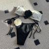 European and American Color Matching Rose Tube Top Lace-up Drawstring Strap Split Swimsuit Bikini