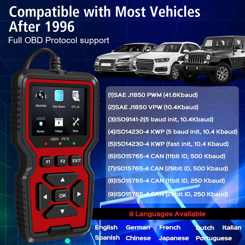 V519 Elm327 Automotive Fault Diagnosis Instrument OBD2 Scanner Battery Voltage Detection Code Reader Engine Fault Reading Data Digital Display