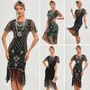 Women Prom Dress Vintage Style Hollow Lace Tassel And Sequin Decor See-through Round Neck Short Sleeves Slim Fit Back Zipper