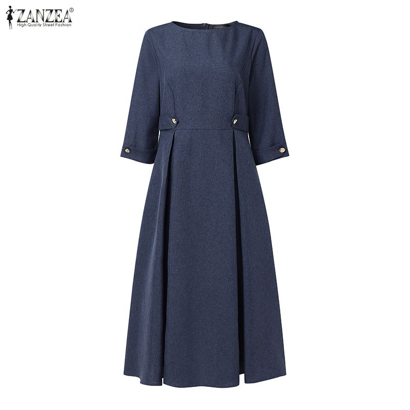 ZANZEA Women Elegant Casual Round Neck Solid Color 3/4 Sleeve Midi Dress