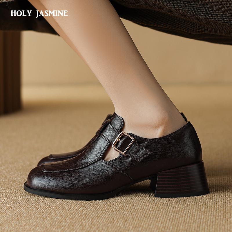 2024 Nowe Damskie Czółenka na Platformach z Prawdziwej Skóry Zwięzłe Podstawowe Buty Kobieta Klamra Wiosna Lato Casualowe Buty do Pracy Styl Retro