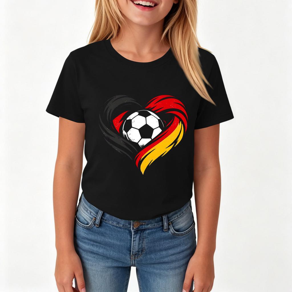 Girls Casual Short Sleeve Crew Neck T Shirt with Soccer Ball and Heart Print Suitable for Everyday Wear and Outdoor Activities