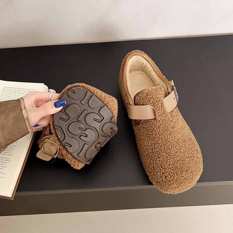 Winter Retro Belt Buckle Fluffy Shoes Women's Velvet Warm Cotton Shoes Flat Casual Lazy Shoes