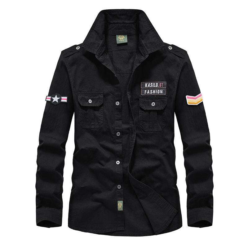 Camicia da lavoro da uomo in puro cotone a maniche lunghe, grande, verde militare
