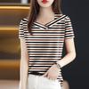 Summer Women's Cotton T-shirt Short Sleeve V-neck Striped T-shirt Top