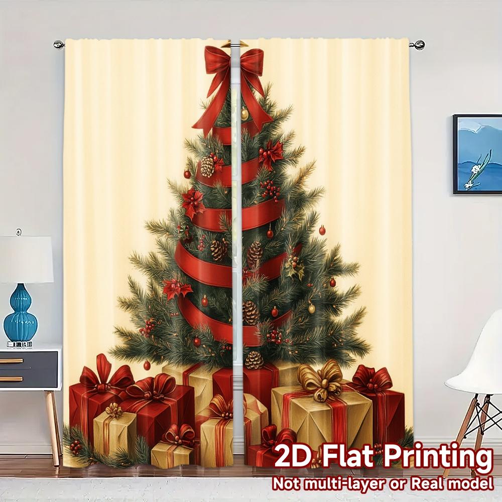 2pcs,Curtains Christmas Tree Gifts Ribbon (3) Chic Chic Curtain Semi-Sheer Curtains Room Decor Perfect for Bedroom, Living Room,