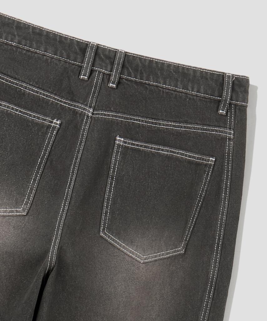 AGOD Curved Wash Cut-Out Wide Denim Pants [Dust Black]