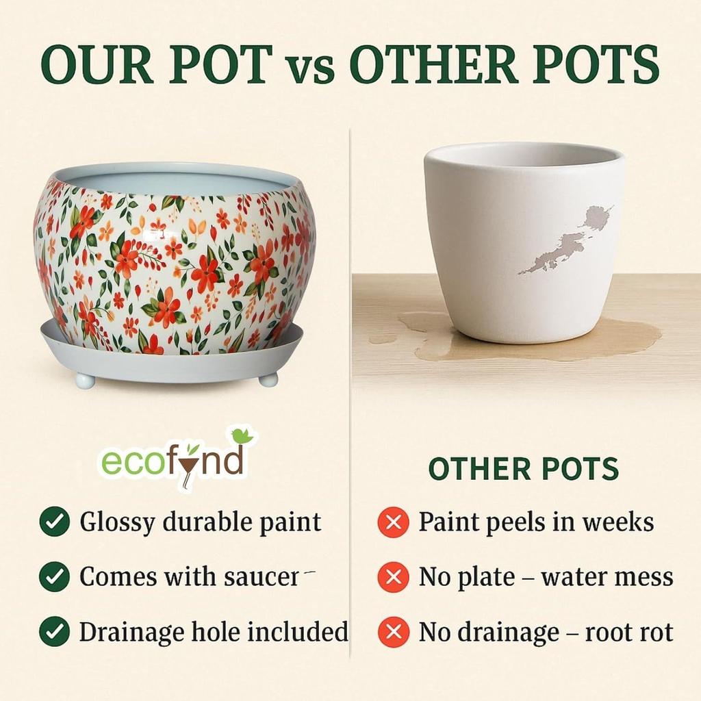 5 polegadas, Vaso de Metal Lily Designer Folha com Prato Coletor | Item de Decoração para Casa Interno Externo para Plantas de Jardim Flor, Varanda, Pátio, Sala de Estar