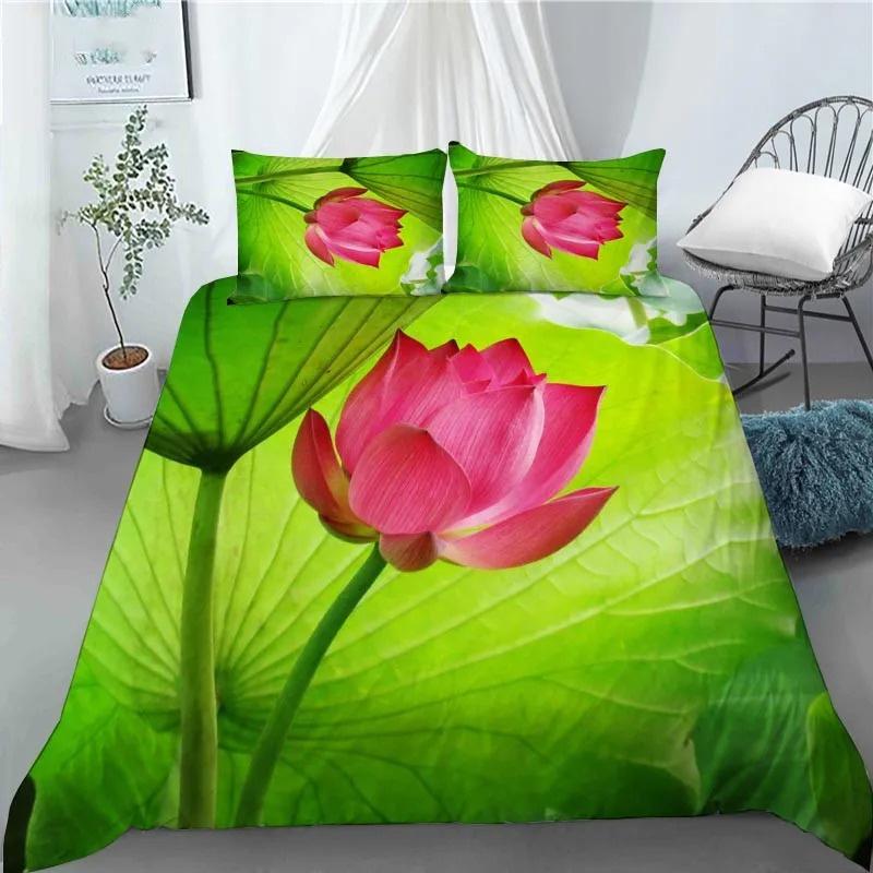 Husă de plapumă cu pictură 3D cu floare de lotus, husă de plapumă din poliester cu fețe de pernă, mărime king, queen pentru copii, adolescenți, adulți, decor pentru pat, cadouri
