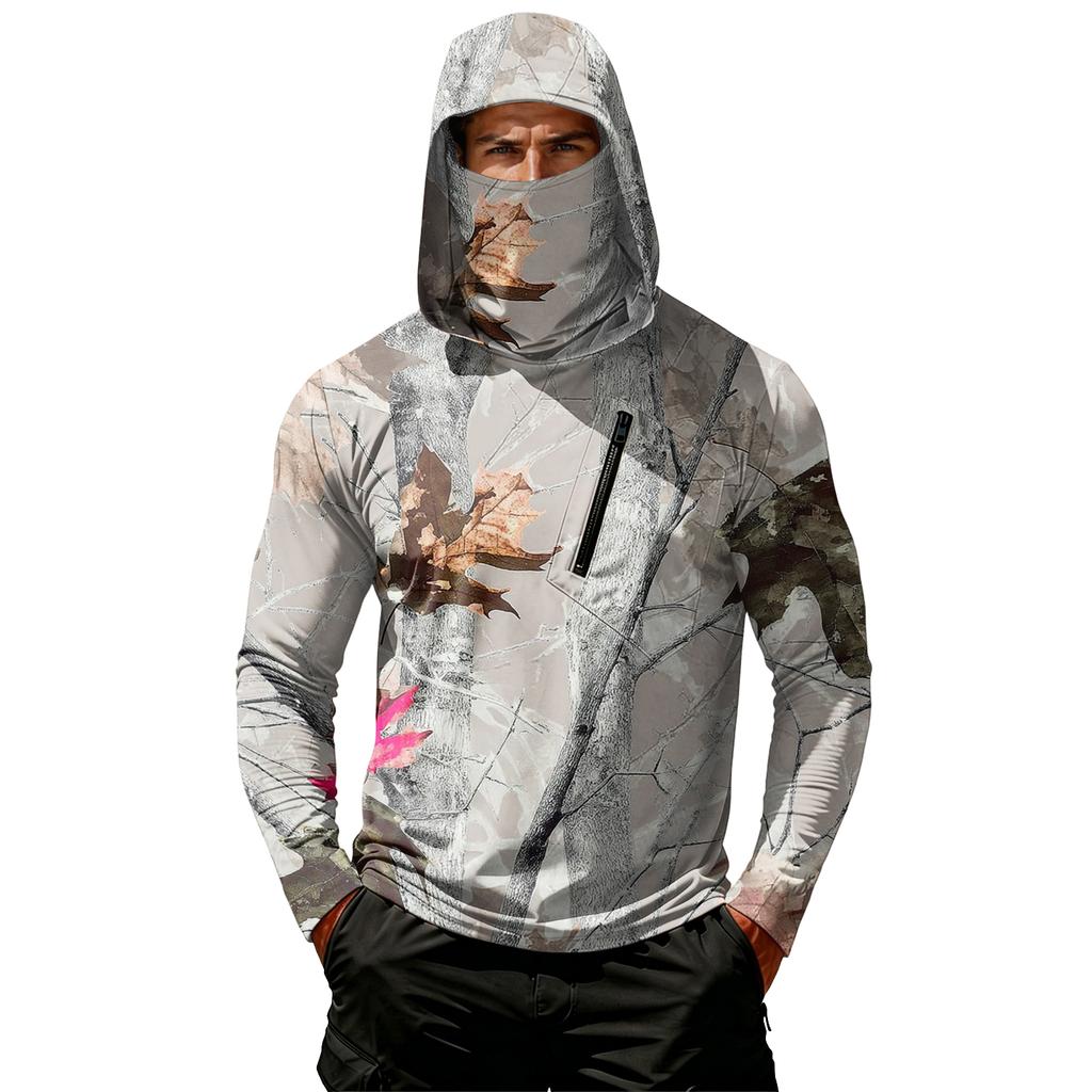 Men's Casual Leaf Camouflage Print Hooded Long Sleeve Sun Protection Shirt Lightweight Breathable Outdoor Pullover Top