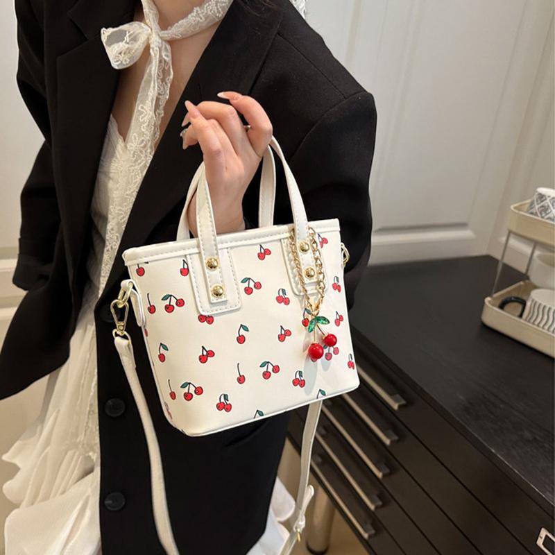 Women Shoulder Cherry Pu Bag Large Capacity Trendy Commuting Bag With Cherry Pendant Stylish Crossbody Bag Aesthetic Handbag