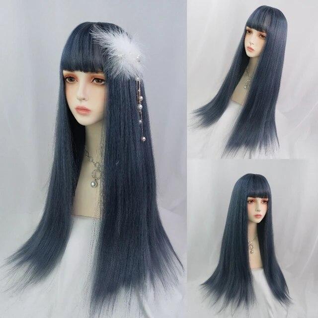 Perruque synthétique longue et lisse bleu foncé avec frange pour femme, coiffure de fête, cheveux blonds, roses et rouges