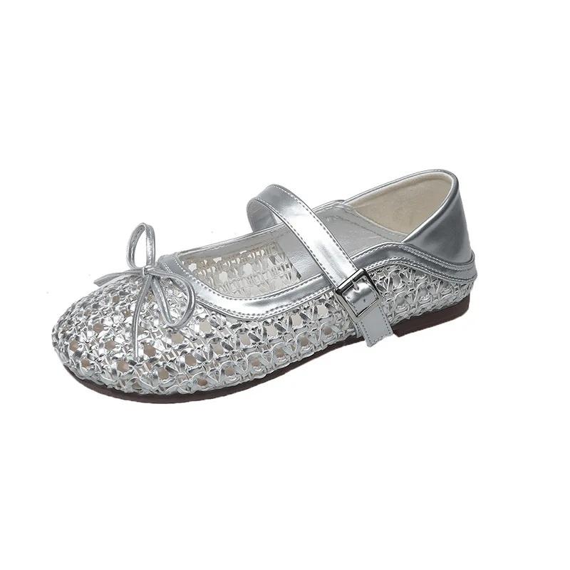 New 2025 Summer Breathable Woven Hollow Out Slip-On Women's Shoes Butterfly Knot Single Strap Versatile Fashionable Mary Janes