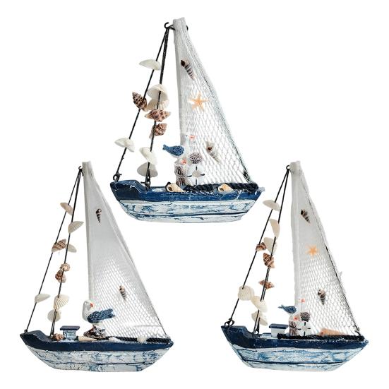 Hölzernes Segelbootmodell für die Küste Rustikale maritime Schiffsfigurine mit Muschel und Seestern Strand Meeres-Thema Tischdekoration für Wohnzimmer Schlafzimmer