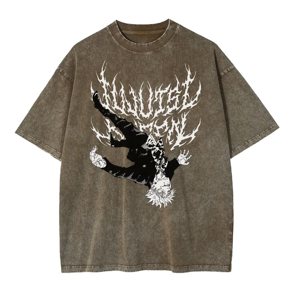 Japanese Anime 100% Cotton T-shirt Anime J-Jujutsu K-Kaisen Vintage Wash T-shirt Loose Plus Size Short Sleeve T-shirt