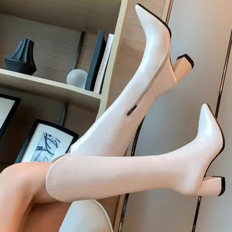 Módní špičaté kožené elegantní boty na podpatku dámské vysoké do kolen podzim zima zateplené šik nové v Pu horké dámské dlouhé boty