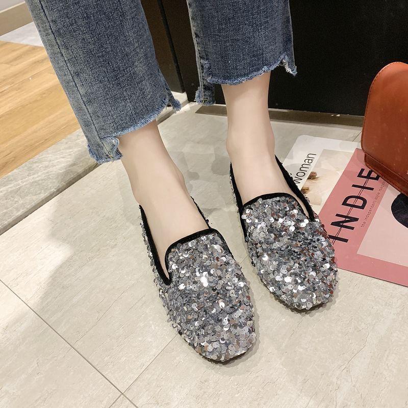 Fashion Sequins Round Toe Slip-on Women's Flat Shoes 2025 Summer Trend Social Chic and Elegant Low Price 39 Ladies Footwear Promotion