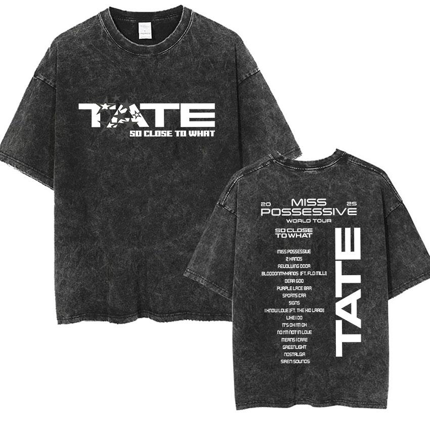 Vintage Πλυμένα Tate McRae So Close To What Παγκόσμια Περιοδεία 2026 Δώρο για τους Θαυμαστές Μπλουζάκια Άνδρες Γυναίκες Hip Hop Φαρδιά Ρούχα Πολύ Φαρδύ Μπλουζάκι