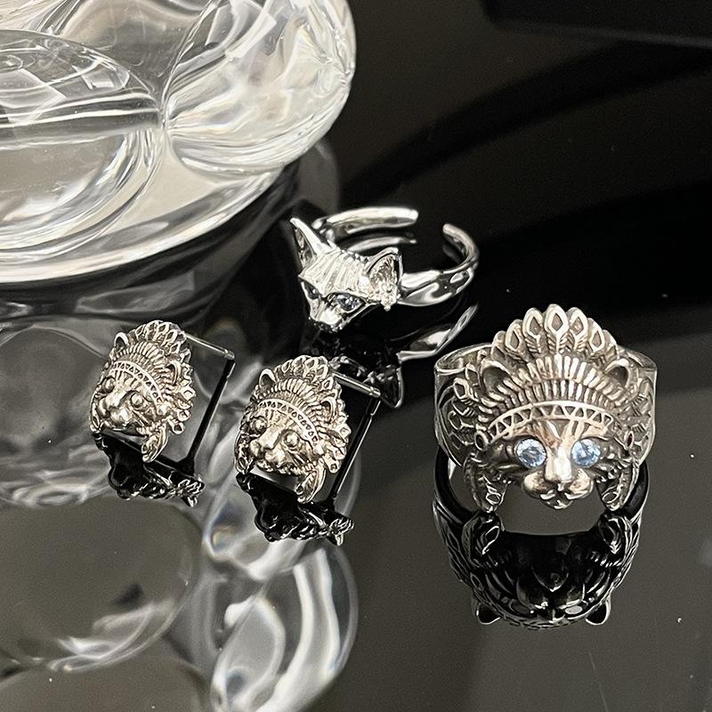 Indian Chief Cat Index Finger Ring Female Retro Imitation Thai Silver Niche Kitten Earrings Open Ring Ethnic Style
