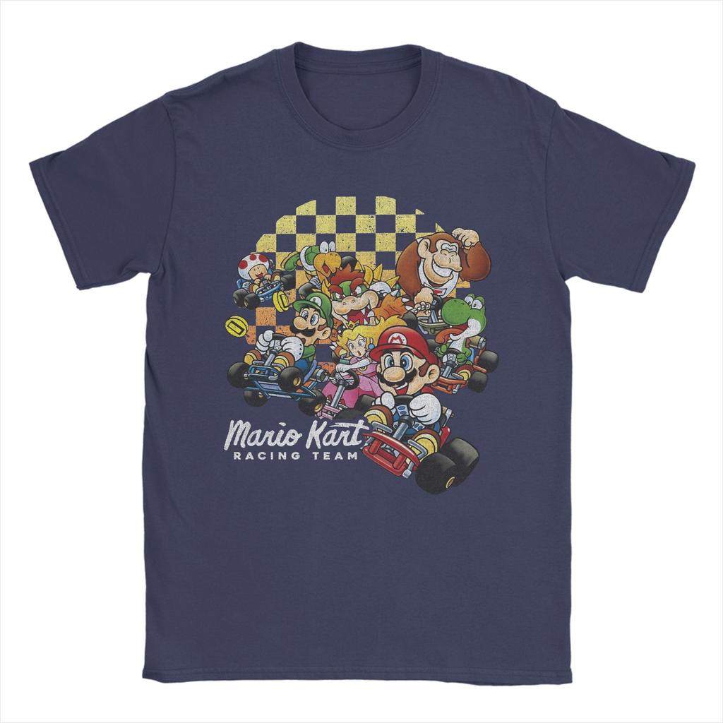 Unisex Marios Kart Group Shot Checkered Poster T Shirts Pure Cotton Clothing Funny Round Collar Tees Plus Size TShirt