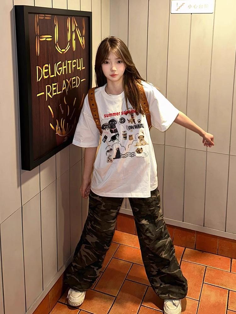 Large size cotton short-sleeved t-shirt women's summer loose lazy half-sleeved top cartoon printing design sense niche t-shirt