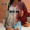 Maglietta da donna scollo a V manica lunga stampa lettera di sangue t-shirt vestibilità ampia Halloween maglia pullover streetwear