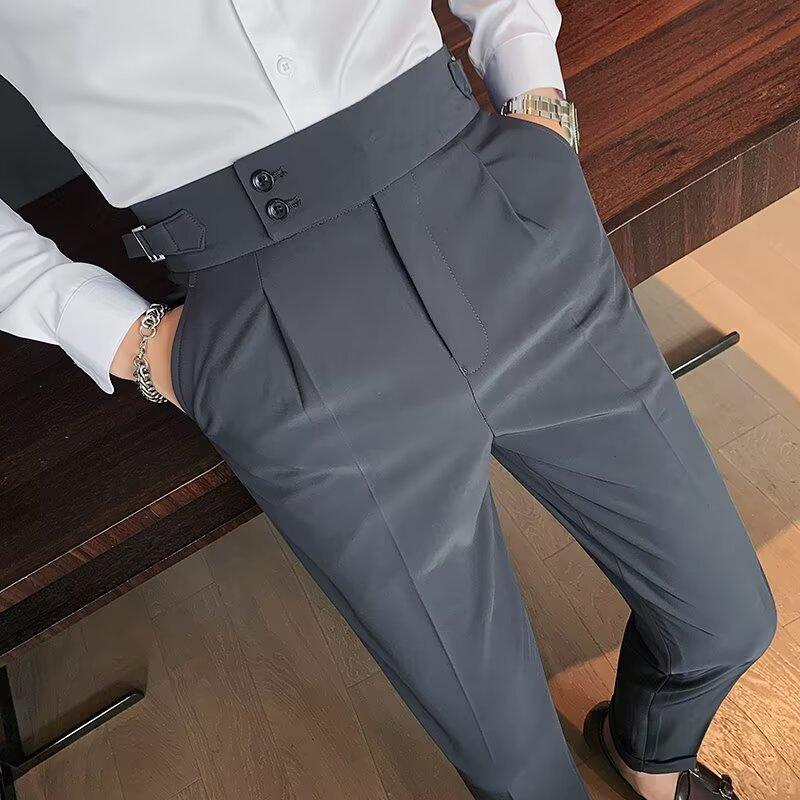 Mens High Waist Loose Straight Naples Paris Buckle Business Casual Suit Trousers