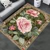 Tapete Floral Peônia de Base Vermelha com Borda Dourada Ornamentada Tapete de Chão Durável para Sala de Estar Quarto Decoração de Casa Elegante