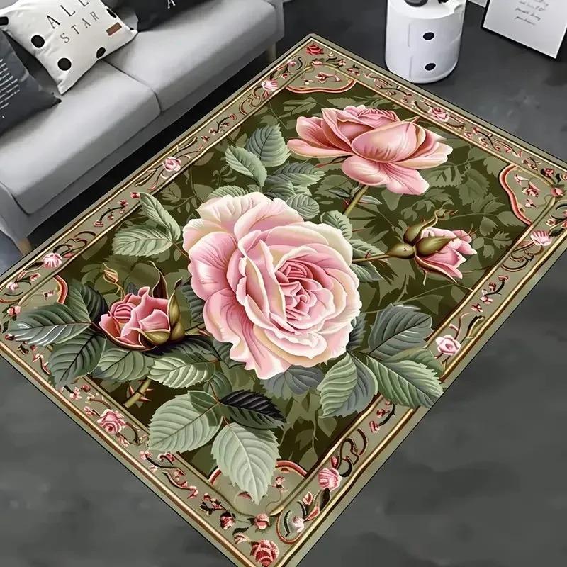 Tapete Floral Peônia de Base Vermelha com Borda Dourada Ornamentada Tapete de Chão Durável para Sala de Estar Quarto Decoração de Casa Elegante