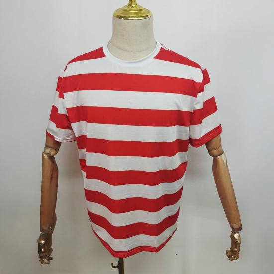 Adult Red White Striped Tee Shirt Glasses Hat Set Halloween Cosplay Costume Fancy Dress Outfit for Men Women
