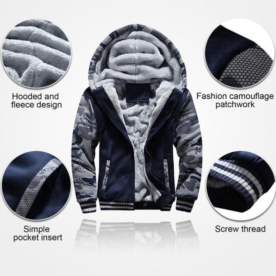 2 Pcs/Set Men Winter Coat Pants Suit Hooded Thick Soft Plush Pockets Long Sleeves Camouflage Print Windproof Warm Elastic Waist Drawstring Men