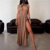 Women's Bohemian Style Linen Blend Sleeveless Braid Waistband Hollow Slit Long Dress