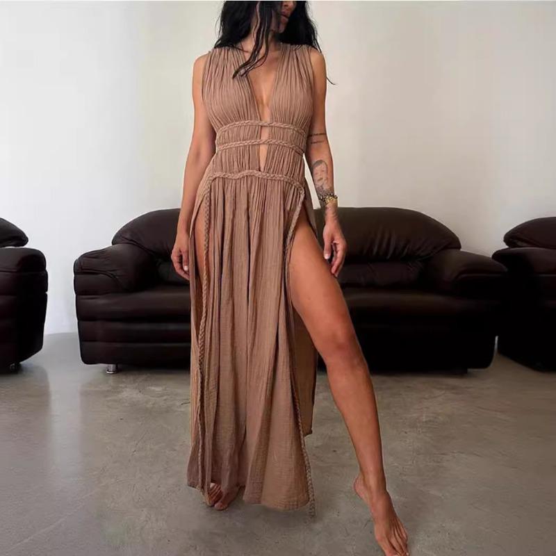 Women's Bohemian Style Linen Blend Sleeveless Braid Waistband Hollow Slit Long Dress