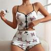 2 Pcs/Set Women Summer Pajamas Suit Butterfly Heart Printing Sleeveless Backless Cop Top High Waist Mini Shorts Daily Nightie Slim Fit Sleepwear