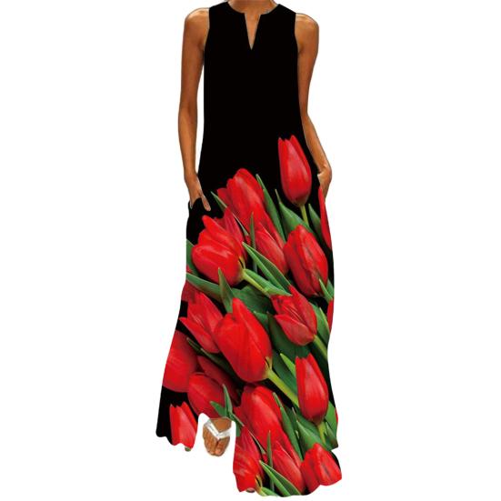 Lady Maxi Dress with Pockets Flower Printing A-line V Neck Sleeveless Loose Full Length Dress for Vavation Beach Parties