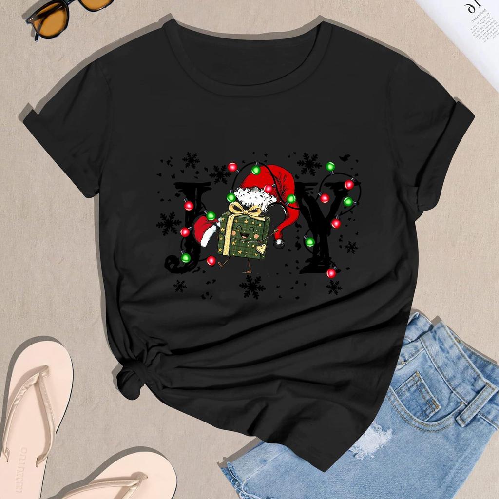 Women's Casual Christmas Printed Short Sleeve T-Shirt with Festive Holiday Design